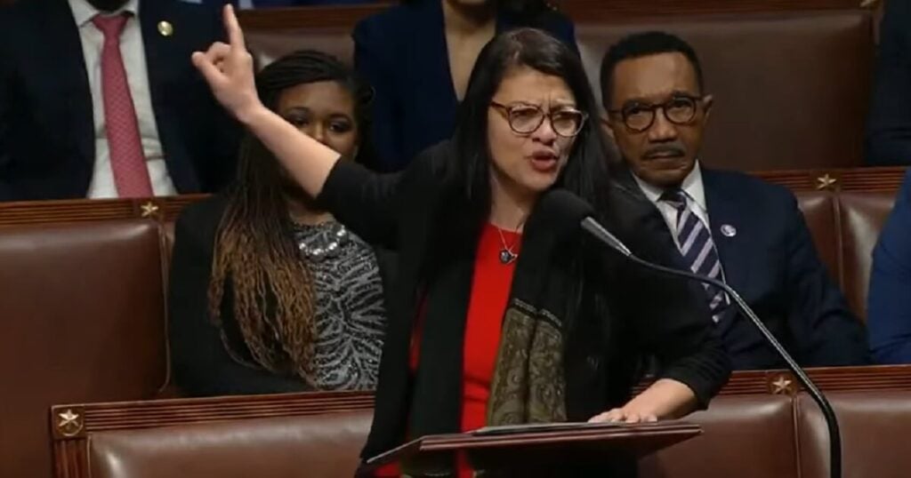 Rep. Rashida Tlaib is seen during Thursday's debate on removing Rep. Ilhan Omar from the House Foreign Affairs Committee.