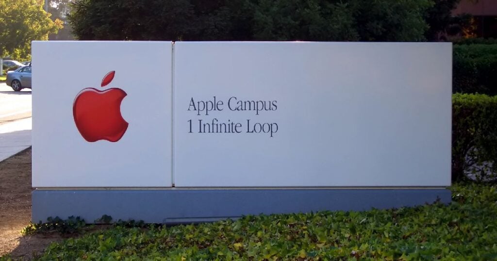 Apple headquarters sign with logo, via Wikimedia