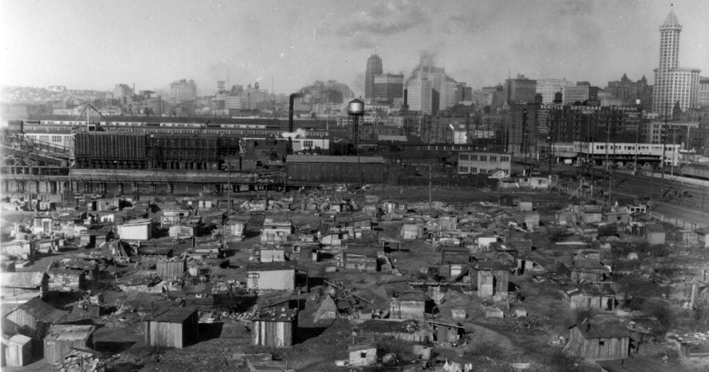 Hooverville on the Seattle Tide Flats circa 1933, via Wikimedia
